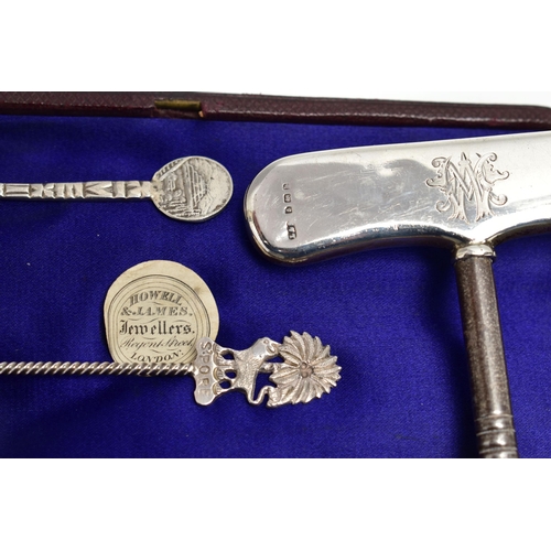 57 - A PARCEL OF CASED AND LOOSE SILVER, including a pair of Edwardian steel boot pulls with silver handl... 