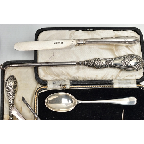 57 - A PARCEL OF CASED AND LOOSE SILVER, including a pair of Edwardian steel boot pulls with silver handl... 