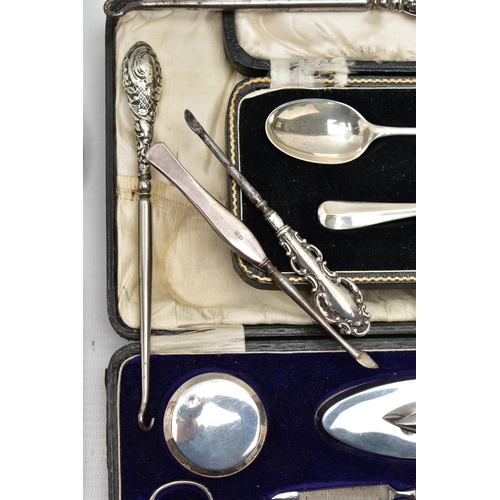 57 - A PARCEL OF CASED AND LOOSE SILVER, including a pair of Edwardian steel boot pulls with silver handl... 