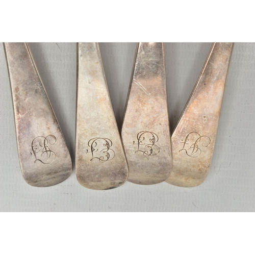 100 - FOUR GEORGE III WILLIAM BATEMAN OLD ENGLISH PATTERN TABLESPOONS, all engraved with initials, three L... 