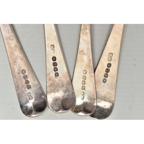 100 - FOUR GEORGE III WILLIAM BATEMAN OLD ENGLISH PATTERN TABLESPOONS, all engraved with initials, three L... 