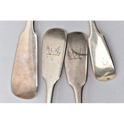 103 - FOUR PIECES OF 19TH AND 20TH CENTURY SILVER FIDDLE PATTERN FLATWARE, comprising a basting spoon, mak... 