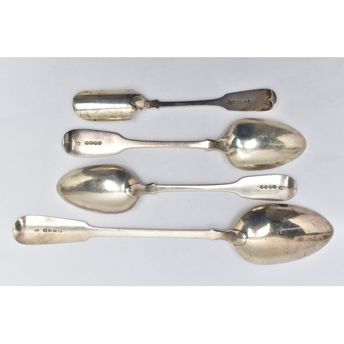 103 - FOUR PIECES OF 19TH AND 20TH CENTURY SILVER FIDDLE PATTERN FLATWARE, comprising a basting spoon, mak... 