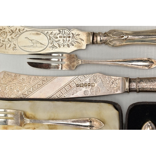 106 - A PARCEL OF 19TH AND 20TH CENTURY CASED AND LOOSE SILVER CUTLERY AND FLATWARE, comprising a set of s... 