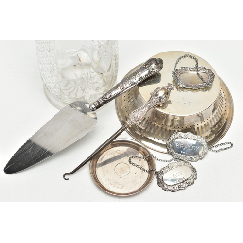 108 - AN ASSORTMENT OF SILVER ITEMS, to include a Edwardian glass vase fitted with a silver rim, hallmarke... 