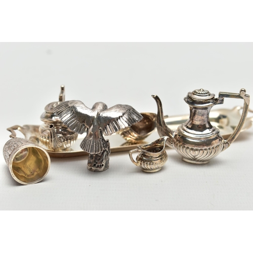 60 - AN ELIZABETH II MINIATURE SILVER FOUR PIECE TEA AND COFFEE SET ON TRAY, makers A Marston & Co, Birmi... 