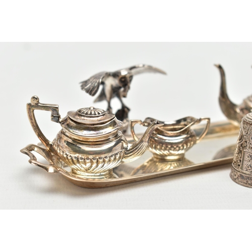 60 - AN ELIZABETH II MINIATURE SILVER FOUR PIECE TEA AND COFFEE SET ON TRAY, makers A Marston & Co, Birmi... 