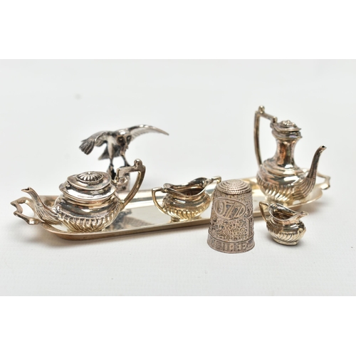 60 - AN ELIZABETH II MINIATURE SILVER FOUR PIECE TEA AND COFFEE SET ON TRAY, makers A Marston & Co, Birmi... 