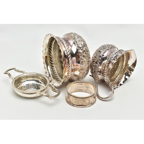 61 - A LATE VICTORIAN SILVER CREAM JUG AND SUGAR BOWL OF CIRCULAR FORM, crimped rims above a rope twist r... 