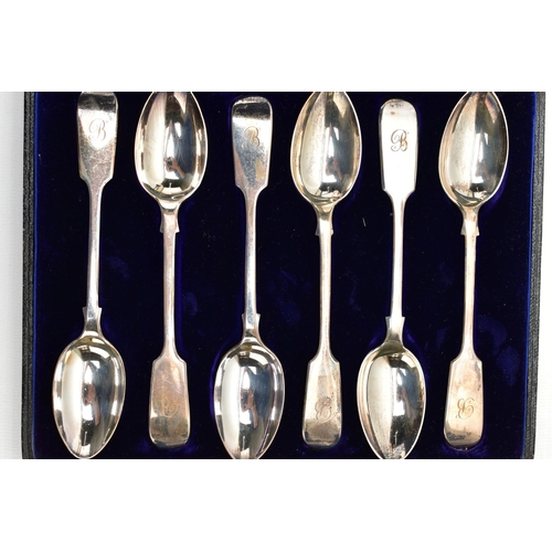 62 - A CASED SET OF SIX EDWARDIAN SILVER FIDDLE PATTERN TEASPOONS, engraved initial 'B', makers Elkington... 