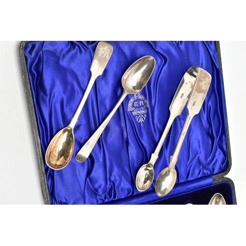 62 - A CASED SET OF SIX EDWARDIAN SILVER FIDDLE PATTERN TEASPOONS, engraved initial 'B', makers Elkington... 