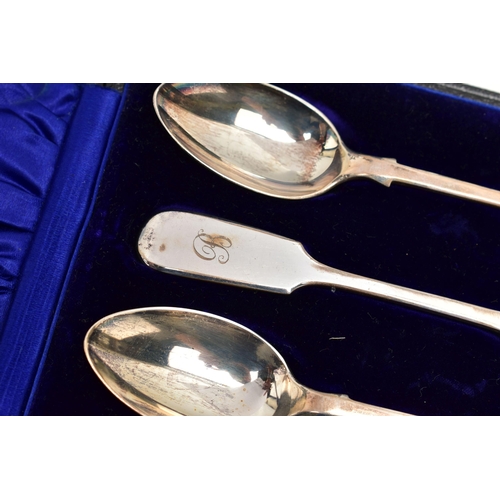 62 - A CASED SET OF SIX EDWARDIAN SILVER FIDDLE PATTERN TEASPOONS, engraved initial 'B', makers Elkington... 