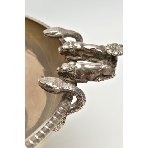 65 - A GEORGE V SILVER PEDESTAL BOWL, with three cast handles, each formed of two serpents and two lion d... 