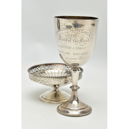 68 - A VICTORIAN SILVER TROPHY CUP AND A GEORGE VI SILVER PEDESTAL BONBON DISH, the trophy cup engraved '... 