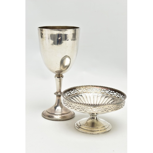 68 - A VICTORIAN SILVER TROPHY CUP AND A GEORGE VI SILVER PEDESTAL BONBON DISH, the trophy cup engraved '... 