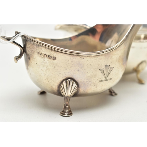 83 - FIVE 20TH CENTURY SILVER SAUCE BOATS OF VARYING DESIGNS, all on three cabriole legs, one with gadroo... 