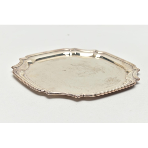 84 - AN ELIZABETH II SILVER WAITER OF SHAPED SQUARE FORM, with pie crust rim, rubbed presentation inscrip... 