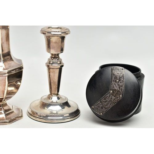 87 - AN ELIZABETH II SUGAR CASTER, A PAIR OF CANDLESTICKS AND AN EBONY BOX, the octagonal silver sugar ca... 