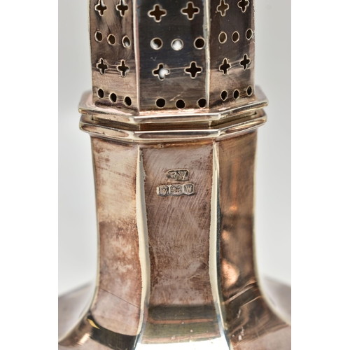 87 - AN ELIZABETH II SUGAR CASTER, A PAIR OF CANDLESTICKS AND AN EBONY BOX, the octagonal silver sugar ca... 