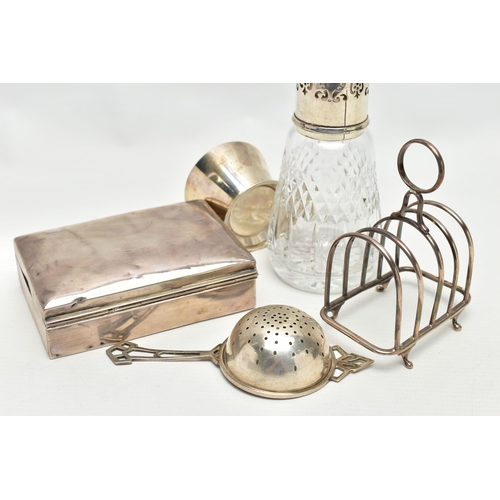 94 - A SMALL PARCEL OF 20TH CENTURY SILVER, comprising a George VI tea strainer with conical stand, maker... 