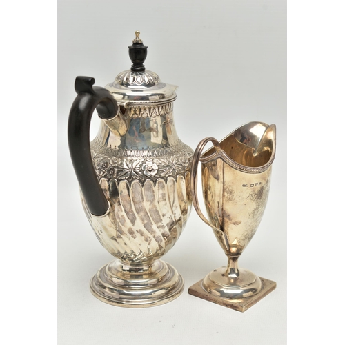 95 - A LATE VICTORIAN SILVER HOT WATER JUG AND A LATE VICTORIAN GEORGIAN STYLE HELMET SHAPED CREAM JUG, t... 