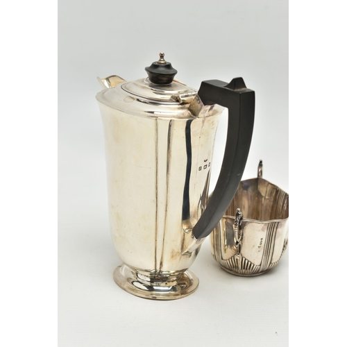 96 - A GEORGE V SILVER HOT WATER JUG AND A LATE VICTORIAN TWIN HANDLED SUGAR BOWL, the hot water jug of s... 