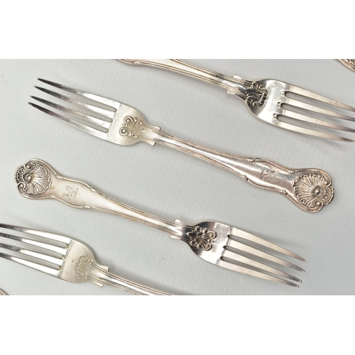 99 - A MATCHED SET OF SIX WILLIAM IV  AND VICTORIAN FIDDLE AND THREAD PATTERN TABLE FORKS, engraved crest... 