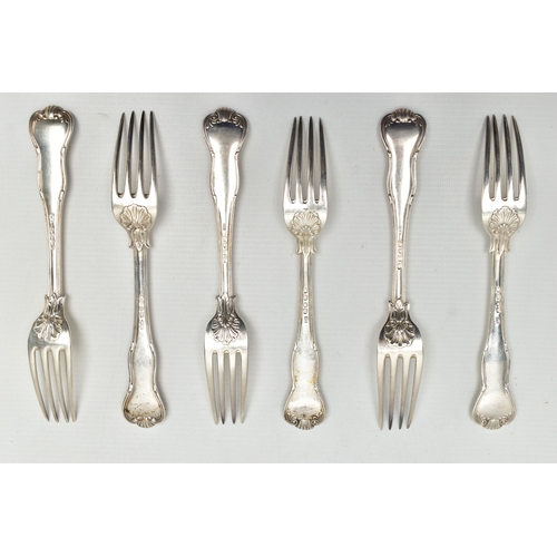 99 - A MATCHED SET OF SIX WILLIAM IV  AND VICTORIAN FIDDLE AND THREAD PATTERN TABLE FORKS, engraved crest... 