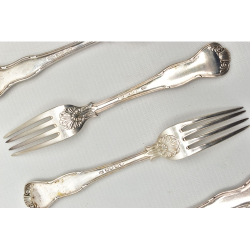 99 - A MATCHED SET OF SIX WILLIAM IV  AND VICTORIAN FIDDLE AND THREAD PATTERN TABLE FORKS, engraved crest... 