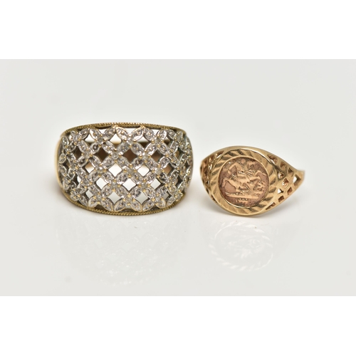 11 - A 9CT GOLD DIAMOND DRESS RING AND A SIGNET RING, the first a wide openwork lattice detailed ring, se... 