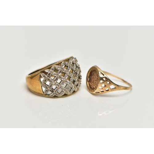 11 - A 9CT GOLD DIAMOND DRESS RING AND A SIGNET RING, the first a wide openwork lattice detailed ring, se... 
