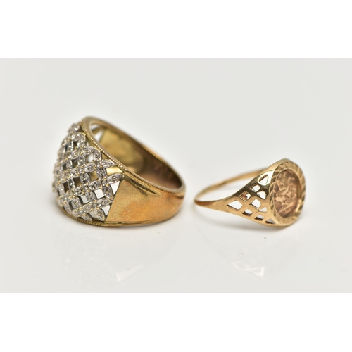 11 - A 9CT GOLD DIAMOND DRESS RING AND A SIGNET RING, the first a wide openwork lattice detailed ring, se... 