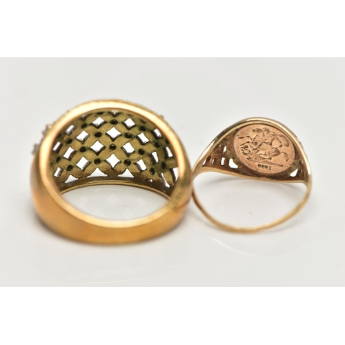 11 - A 9CT GOLD DIAMOND DRESS RING AND A SIGNET RING, the first a wide openwork lattice detailed ring, se... 