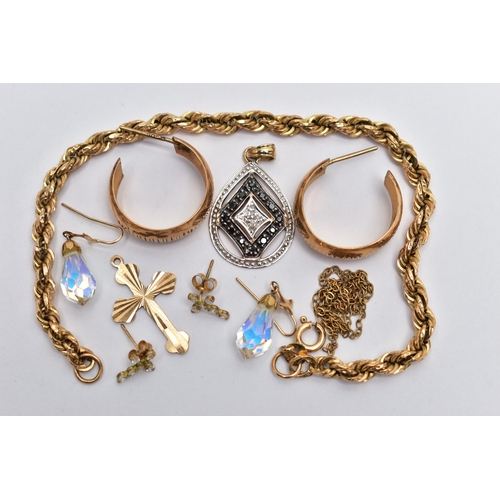 12 - A BAG OF ASSORTED JEWELLERY, to include a 9ct rope twist bracelet, fitted with a spring clasp, hallm... 