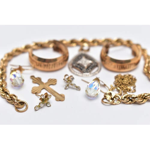 12 - A BAG OF ASSORTED JEWELLERY, to include a 9ct rope twist bracelet, fitted with a spring clasp, hallm... 