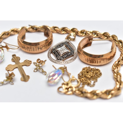 12 - A BAG OF ASSORTED JEWELLERY, to include a 9ct rope twist bracelet, fitted with a spring clasp, hallm... 