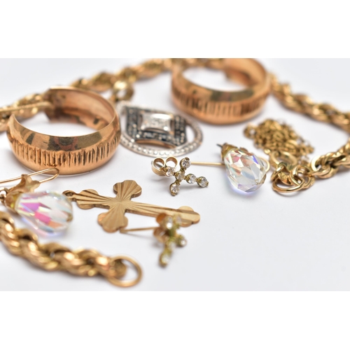 12 - A BAG OF ASSORTED JEWELLERY, to include a 9ct rope twist bracelet, fitted with a spring clasp, hallm... 