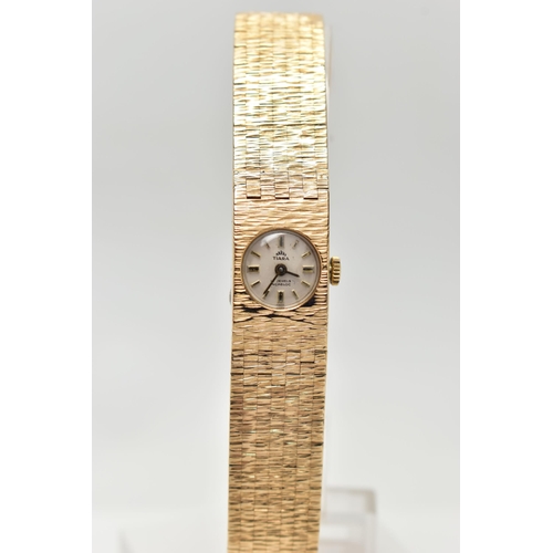 13 - A LADY'S 9CT GOLD 'TIARA' WRISTWATCH, manual wind, round silver dial signed 'Tiara, 17 jewels Incabl... 