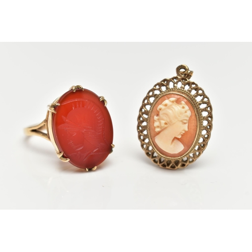 16 - A 9CT GOLD, INTAGLIO RING AND A CAMEO PENDANT, the oval intaglio carnelian, double six claw set to t... 