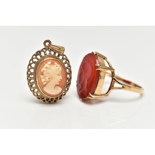 16 - A 9CT GOLD, INTAGLIO RING AND A CAMEO PENDANT, the oval intaglio carnelian, double six claw set to t... 