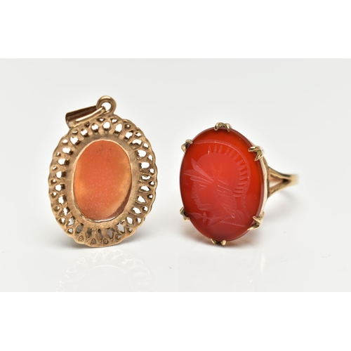 16 - A 9CT GOLD, INTAGLIO RING AND A CAMEO PENDANT, the oval intaglio carnelian, double six claw set to t... 