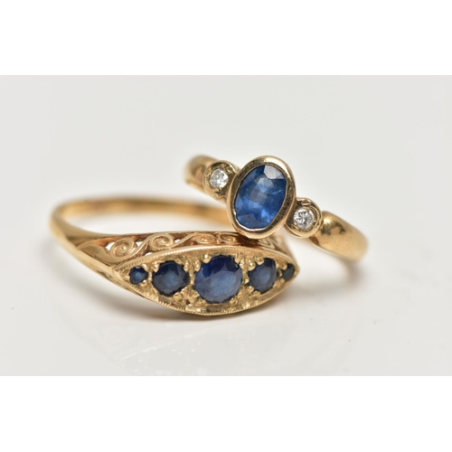 2 - TWO 9CT YELLOW GOLD SAPPHIRE DRESS RINGS, to include a sapphire five stone ring with openwork scroll... 