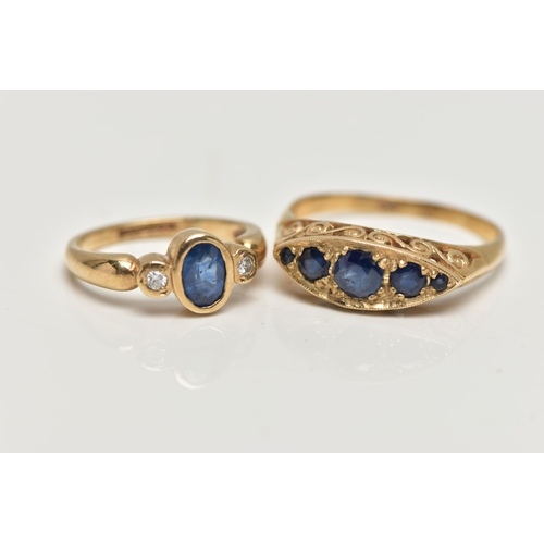 2 - TWO 9CT YELLOW GOLD SAPPHIRE DRESS RINGS, to include a sapphire five stone ring with openwork scroll... 