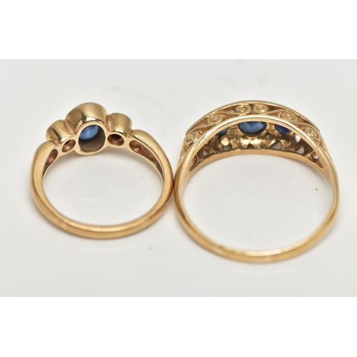 2 - TWO 9CT YELLOW GOLD SAPPHIRE DRESS RINGS, to include a sapphire five stone ring with openwork scroll... 