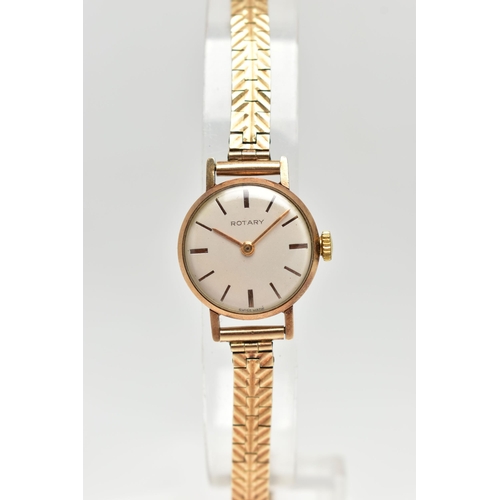 24 - A LADY'S 9CT GOLD 'ROTARY' WRISTWATCH, manual wind, round silver dial signed 'Rotary', baton markers... 
