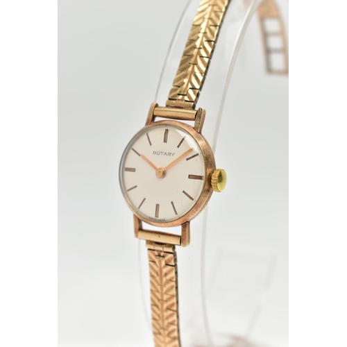 24 - A LADY'S 9CT GOLD 'ROTARY' WRISTWATCH, manual wind, round silver dial signed 'Rotary', baton markers... 