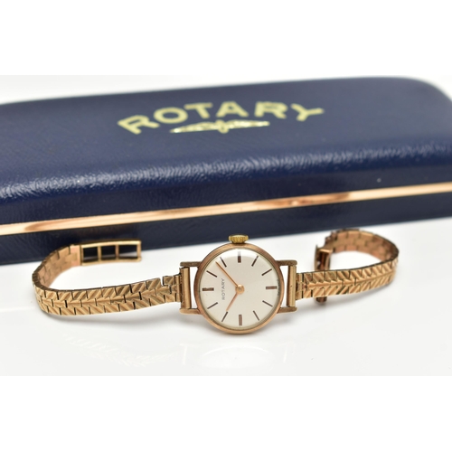 24 - A LADY'S 9CT GOLD 'ROTARY' WRISTWATCH, manual wind, round silver dial signed 'Rotary', baton markers... 