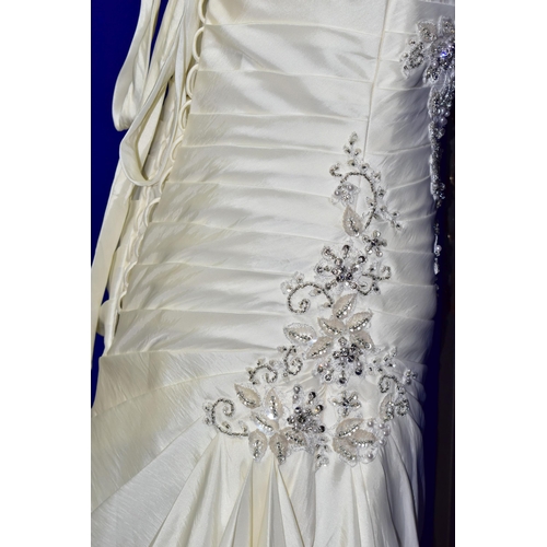 269 - WEDDING DRESS, end of season stock clearance (may have slight marks) Ivory satin pleated, size 8, ri... 