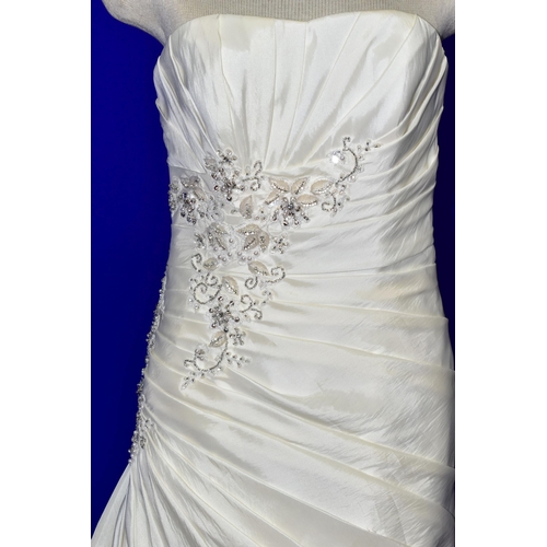 269 - WEDDING DRESS, end of season stock clearance (may have slight marks) Ivory satin pleated, size 8, ri... 