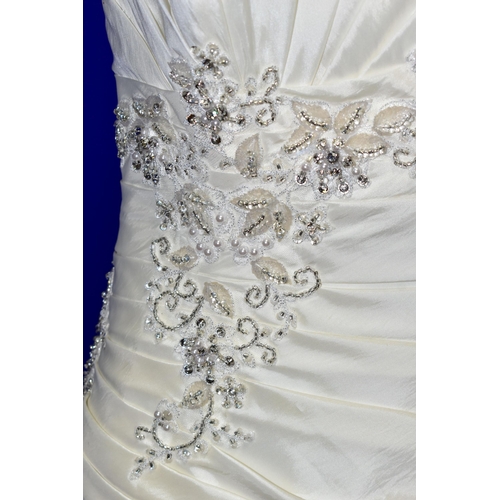 269 - WEDDING DRESS, end of season stock clearance (may have slight marks) Ivory satin pleated, size 8, ri... 